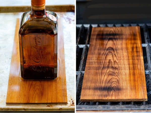 把雪松木板浸在水里,先在烤架上预热