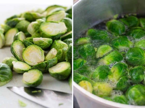 球芽甘蓝烹饪前后的并排照片