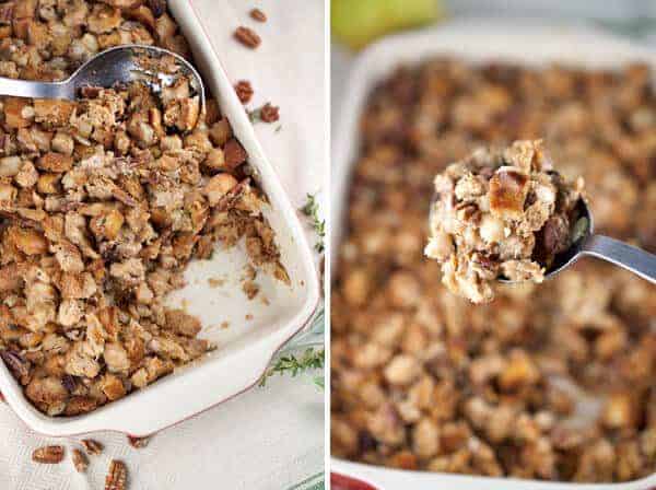 两张照片的合集,展示了一个勺子从烤盘里舀出馅料