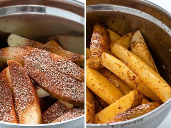 在混合调味料与土豆切片的照片之前和之后