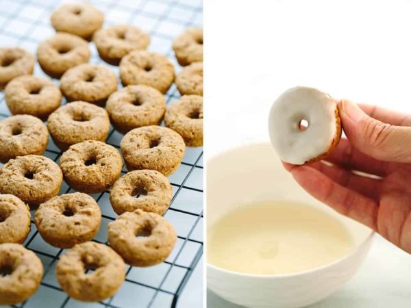 两张迷你甜甜圈浸泡在白色糖霜之前和之后的照片