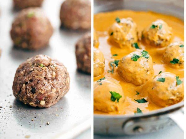 两张肉丸放在平底锅上的照片和一张在平底锅里放咖喱的照片