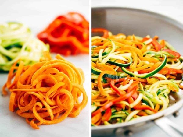 螺旋生蔬菜和sautéed蔬菜面