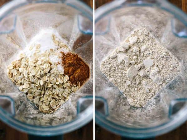 在与调味料的搅拌器混合卷起的燕麦之前和之后