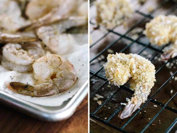 在裹上面包屑之前和之后,将生虾并排摆放