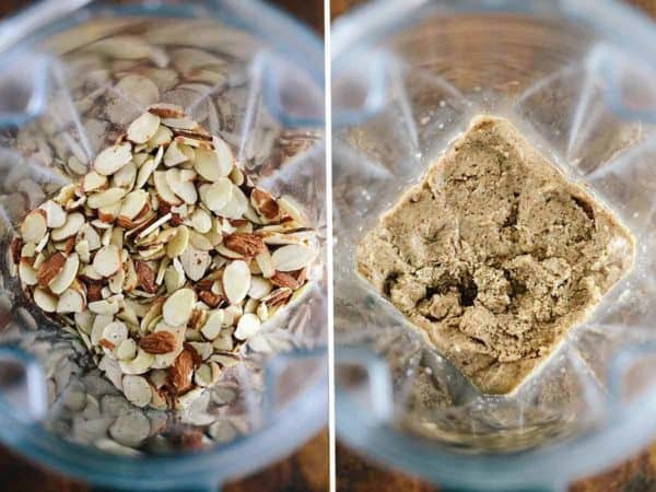 照片中,切片坚果在搅拌机里变成了果泥