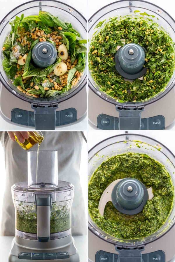 4张展示如何用食品加工机制作香蒜酱的照片