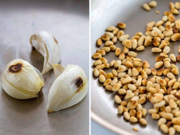 用平底锅加热的丁香是大蒜和松子