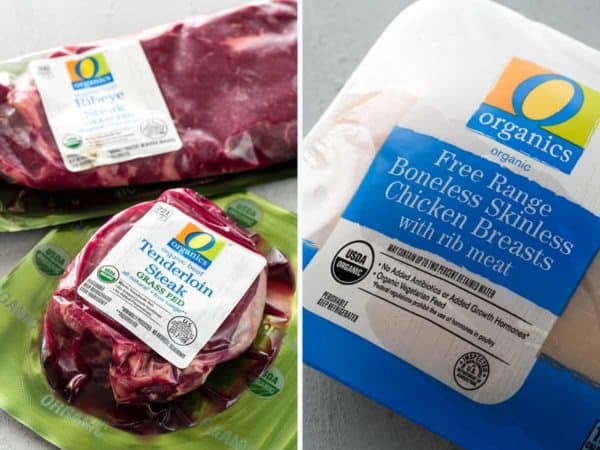 两张照片在古饮食批准的有机牛排和鸡肉中的包装