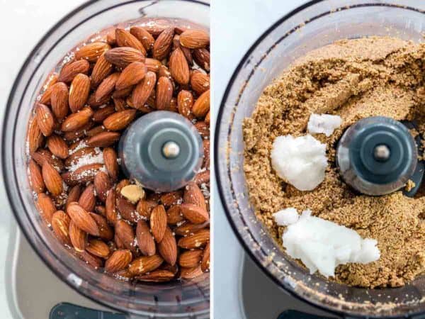 显示杏仁的两张照片被混合在食物处理器