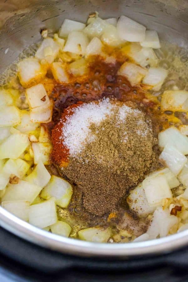 在即时锅中的洋葱和印度调味料