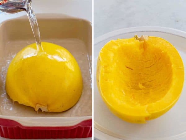 把水倒在烤盘里的南瓜面上