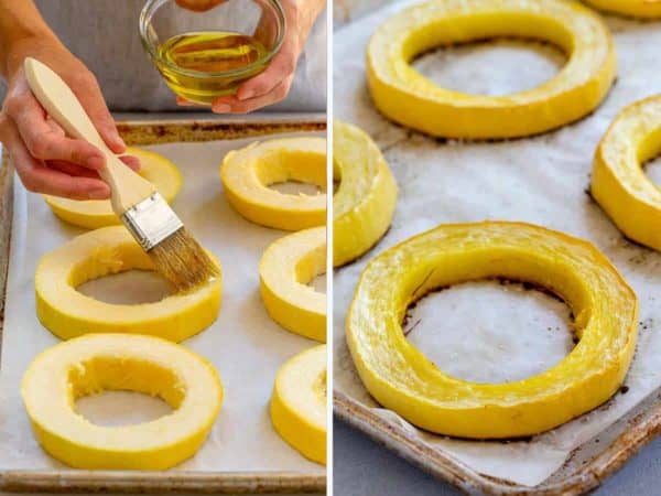 把橄榄油涂在切好的意大利面南瓜环上的涂油刷