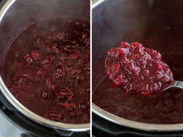 另一边照片显示蔓越莓酱在立即锅中烹饪