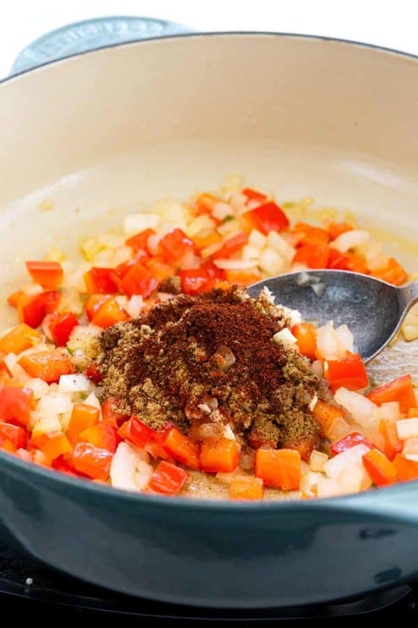 干燥的调味料放在荷兰烤炉与西红柿丁和洋葱