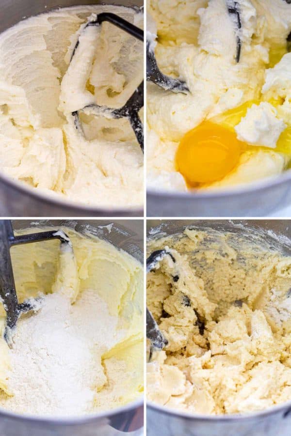 在带有桨式搅拌机的曲奇饼面团