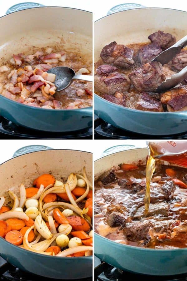 显示不同的荷兰烤箱的四张照片与在里面烹调的不同的成份