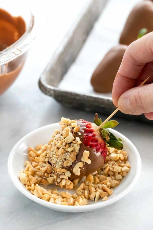 用牙签拿着一颗巧克力,上面覆盖着碎坚果