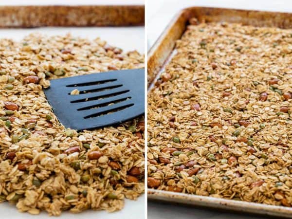 刮刀按下在纸板锅的格兰诺拉麦片