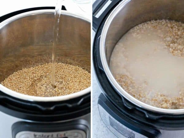 将水倒入一个充满钢燕麦的速溶锅中