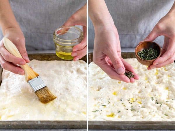 并排照片刷牙橄榄油,洒在面团板上的迷迭香