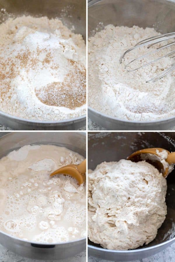 汇编四张照片显示搅拌碗用面粉和酵母