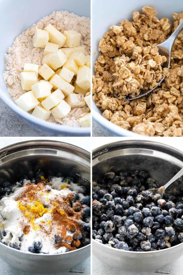 汇编四张照片,显示碗中混合成分的过程