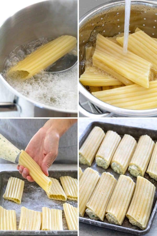 四张展示如何烹饪意大利面的照片汇编