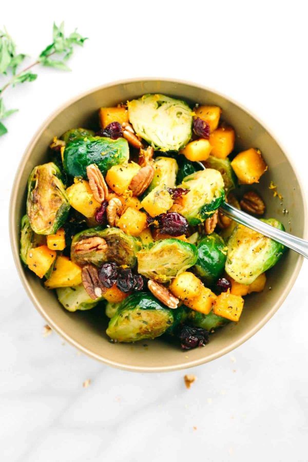 bowl of brussels sprouts with diced butternut squash