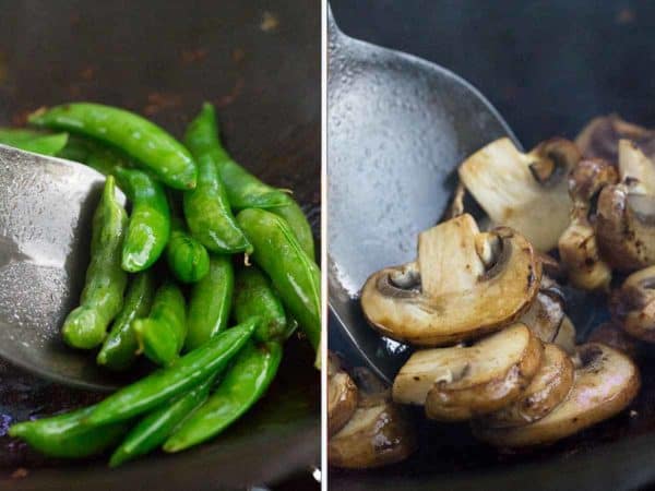糖豌豆和蘑菇在炒锅烹饪