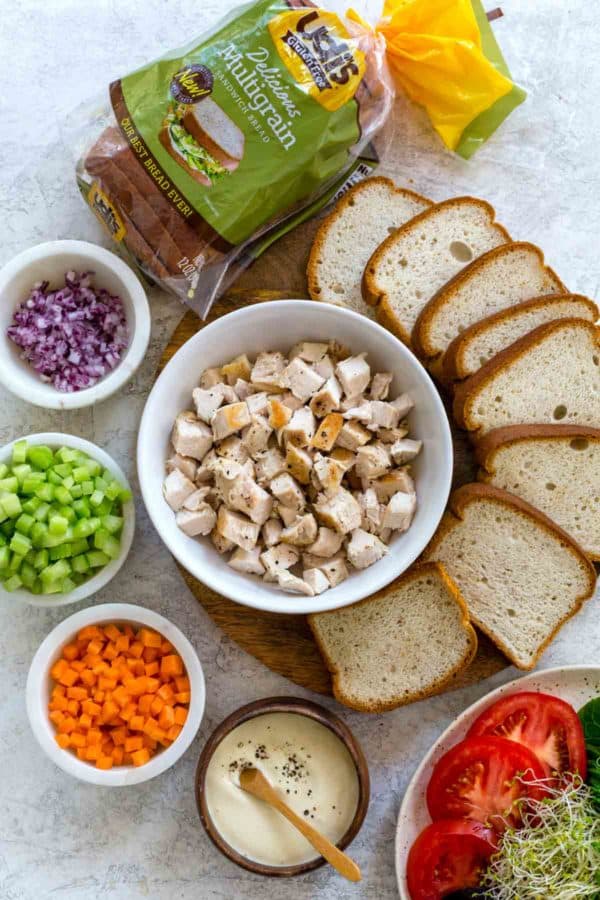 Top down photo showing all the pre-portioned ingredients to make a sandwich