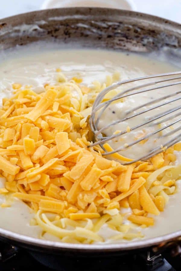 两种类型的奶酪被搅打到基于Roux的泛酱中