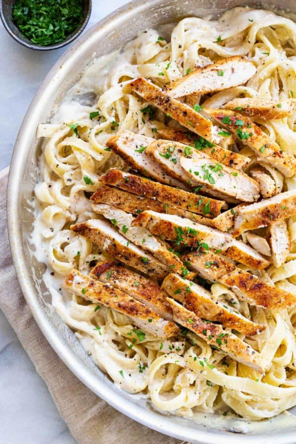 Chicken alfredo in a pan