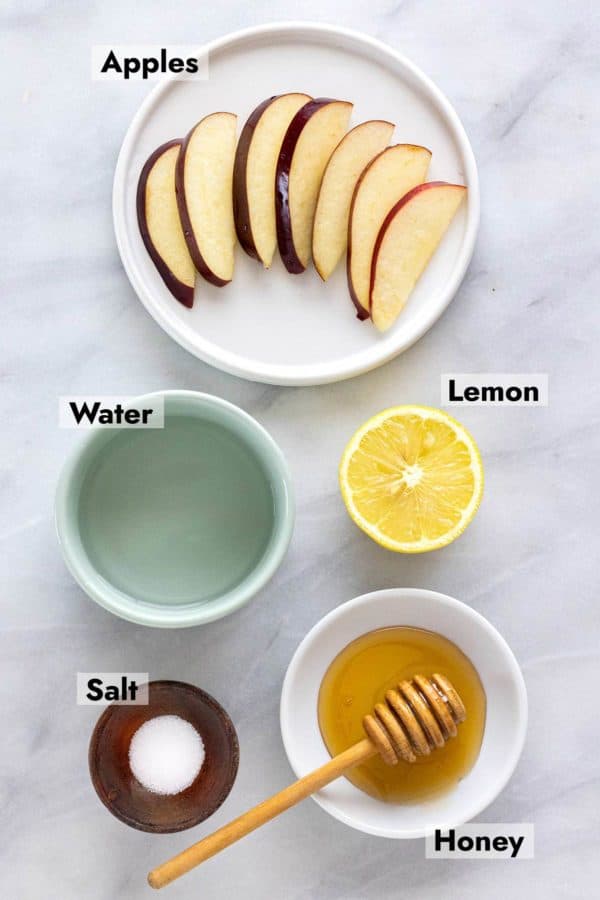 Apple slices on a table with water, lemon, salt, and honey.