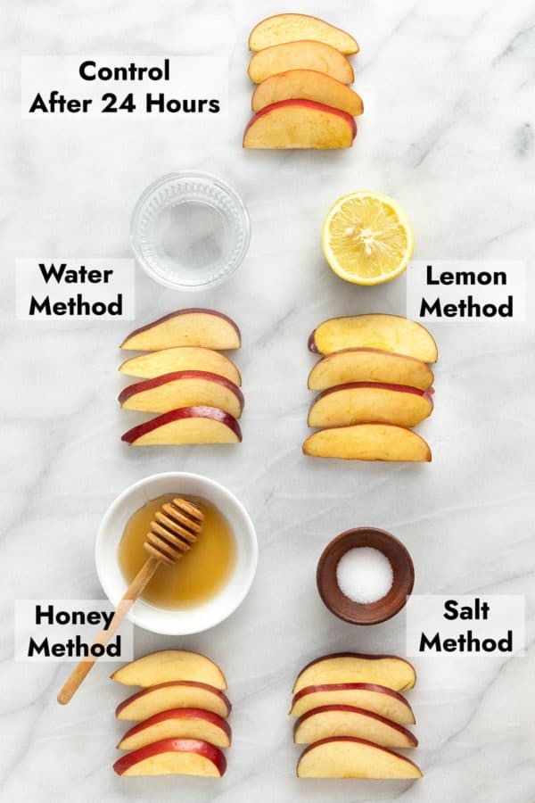 24 hour comparison of different methods used to prevent apple slices from browning.